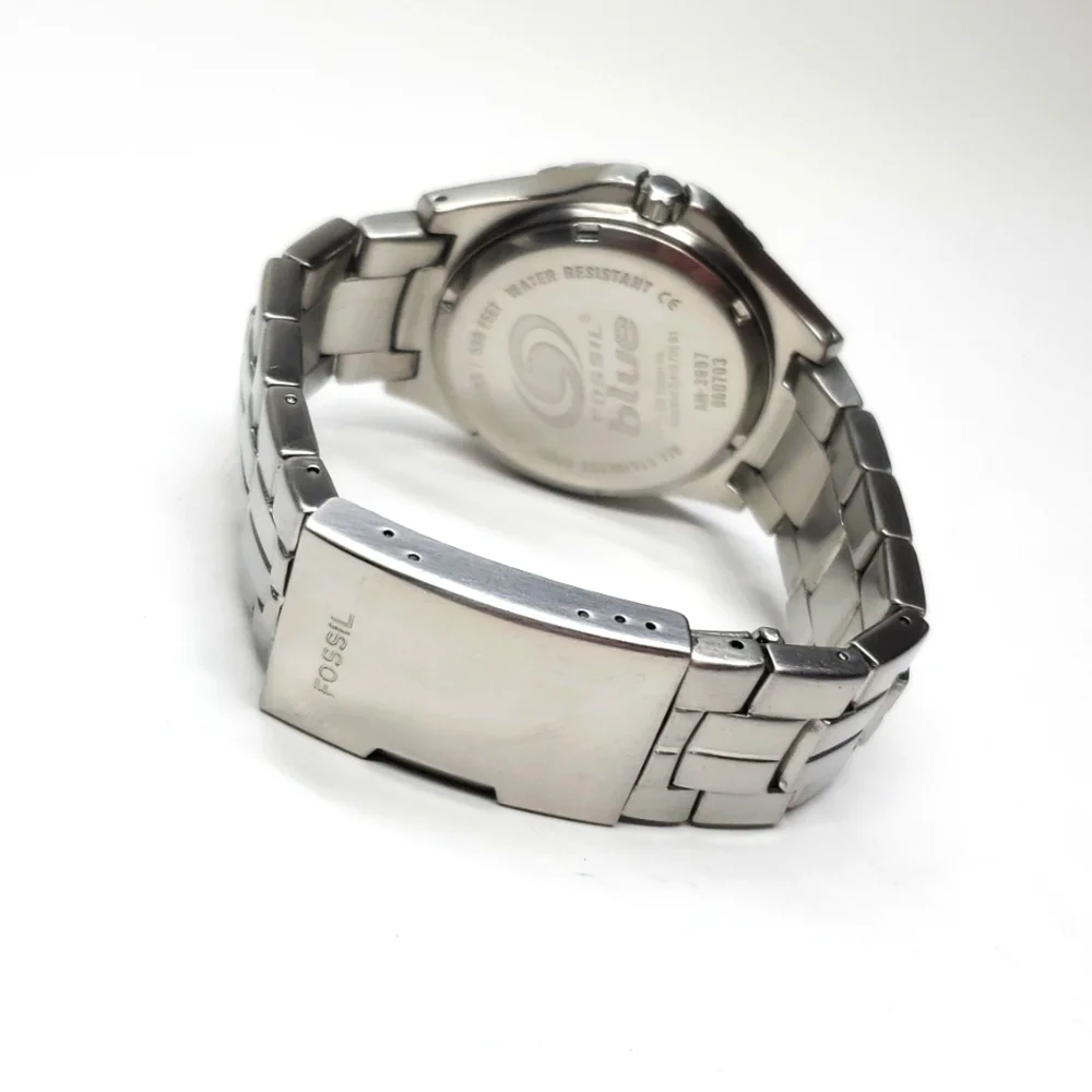 Vintage Fossil Blue AM-3997 Mens Watch Silver Steel Wristband Gray Face Watch